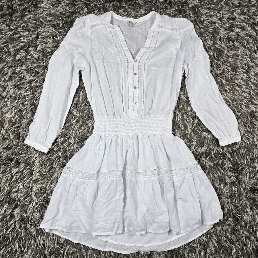 Rails White Linen Blend Smocked Waist Lace Trim Mini Dress Womens Size Medium